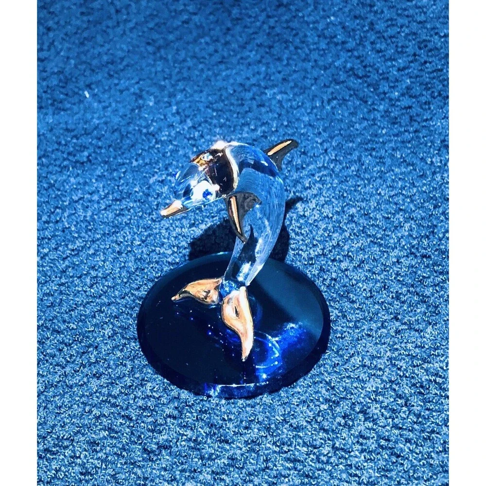 Glass Baron Collectible Crystal Dolphin 2.5” Figurine w/ Gold Trim Accent 280G-B
